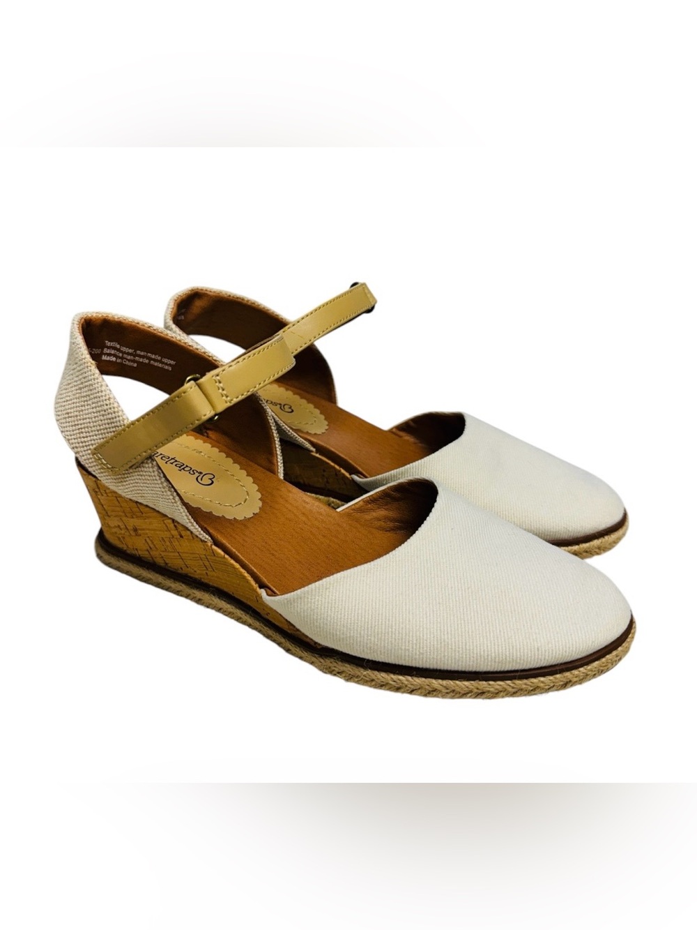 BareTraps Cream Espadrille Wedge Sandals with Tan Ankle Strap Size 9